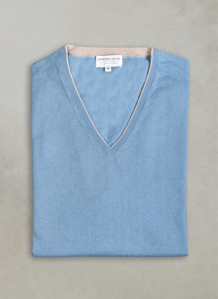 Men's St. Barths Contrast V-Neck Cashmere Sweater in Sky Blue