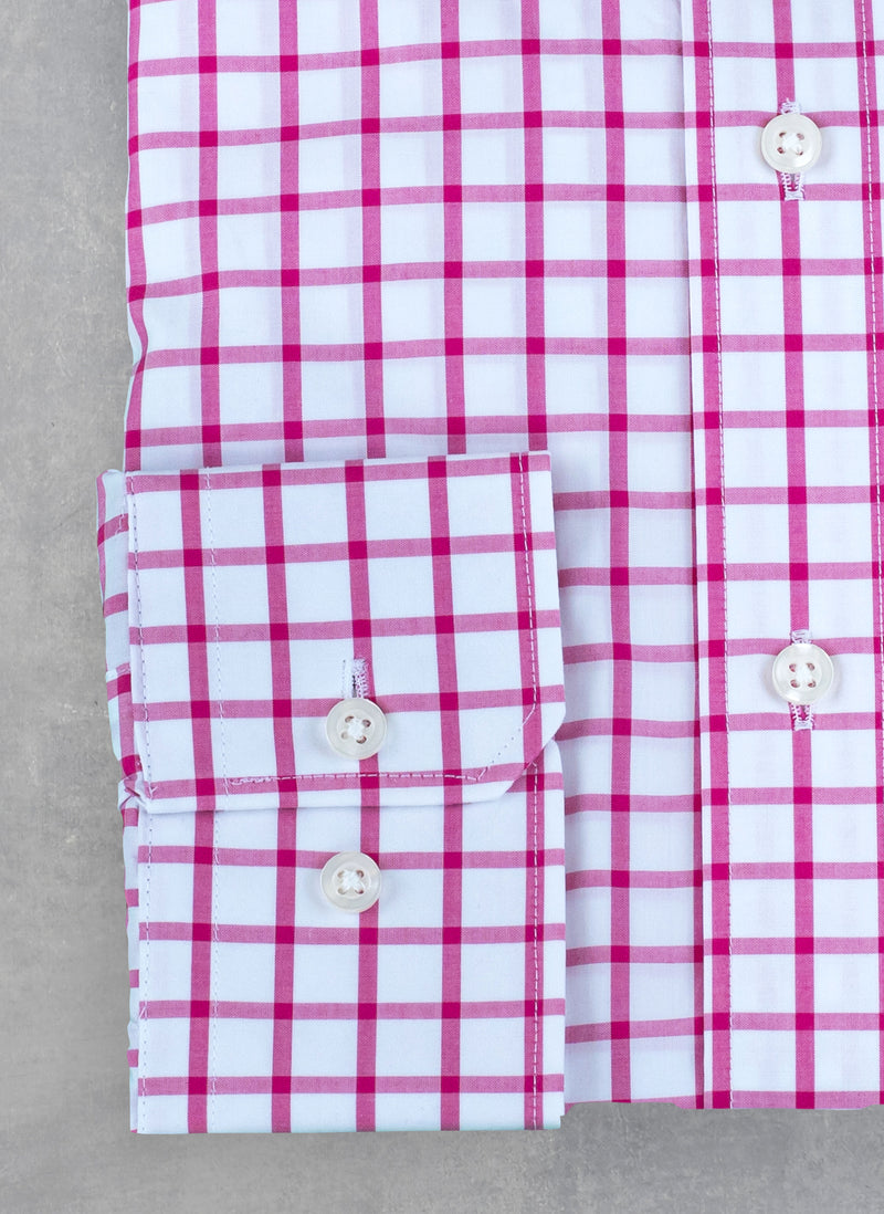 cuff detail of William Fullest Fit Shirt in Pink and White Large Windowpane with white buttons
