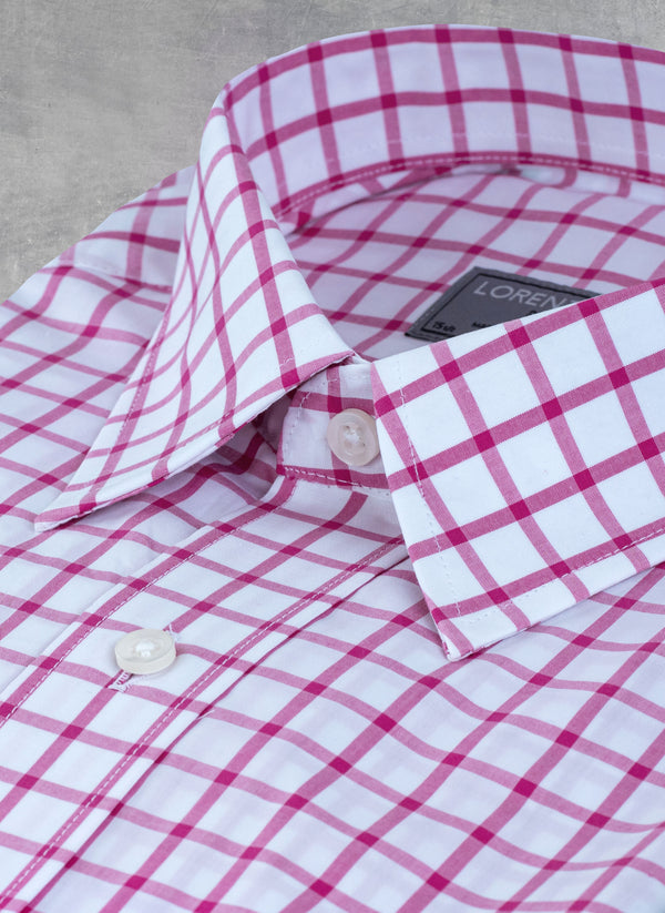 collar detail of William Fullest Fit Shirt in Pink and White Large Windowpane 