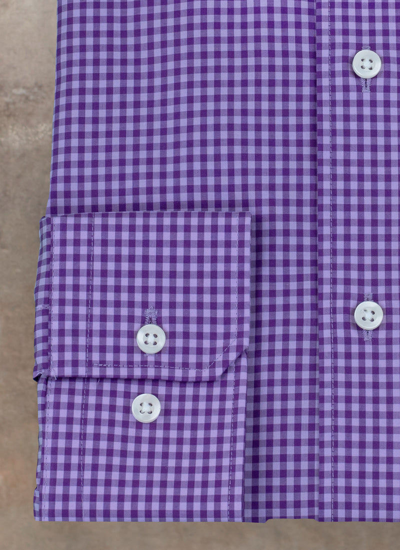 cuff detail of William Fullest Fit Shirt in Shades of Purple Gingham with white buttons