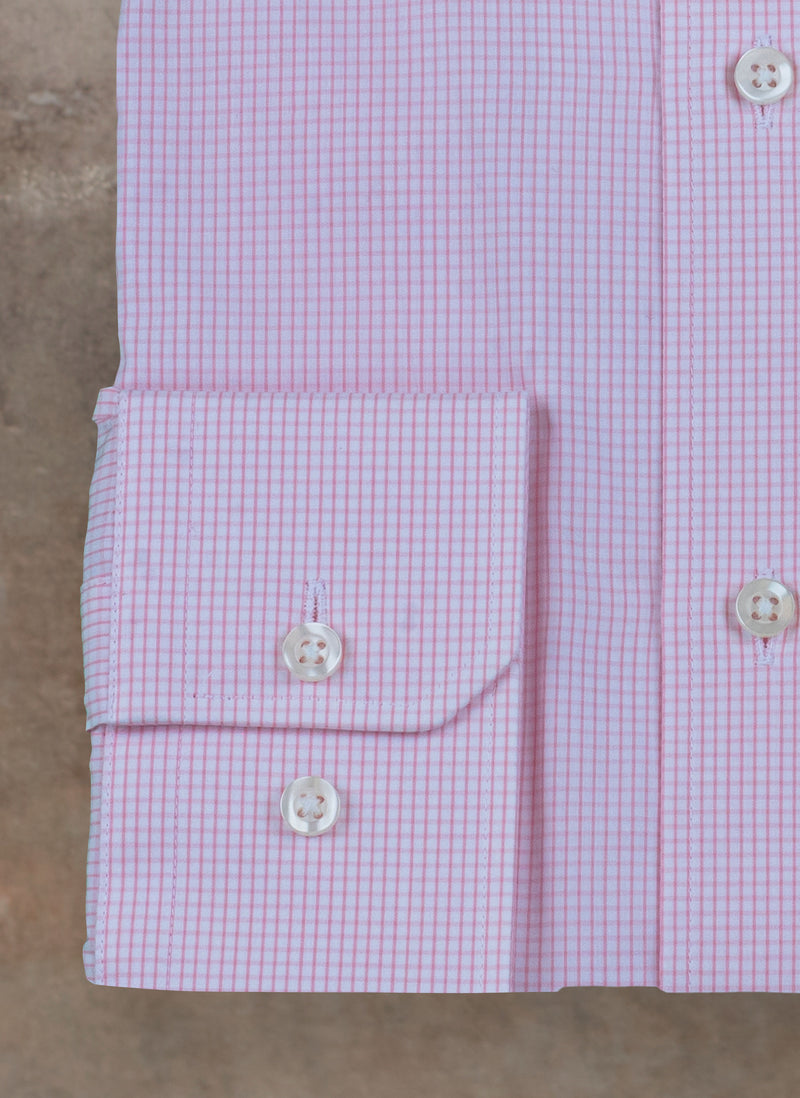 cuff detail of William Fullest Fit Shirt in Light Pink and White Check with ivory button