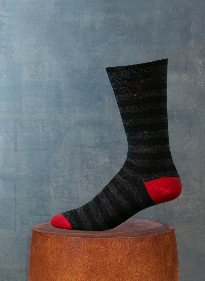 Merino Wool Rugby Stripe Sock in Charcoal and Red