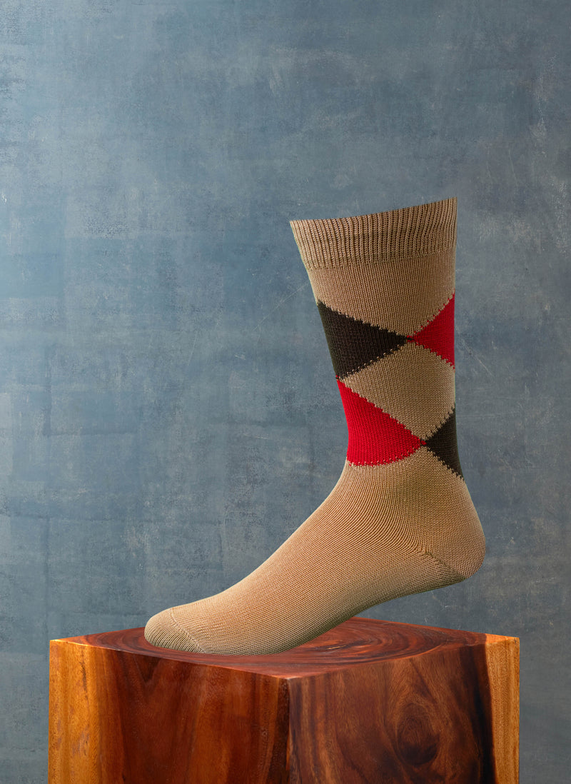 Egyptian Cotton Argyle Sock in Red and Brown