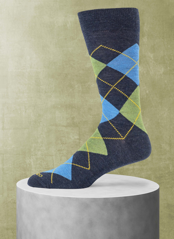 Merino Wool Argyle Sock in Light Blue and Lime Green