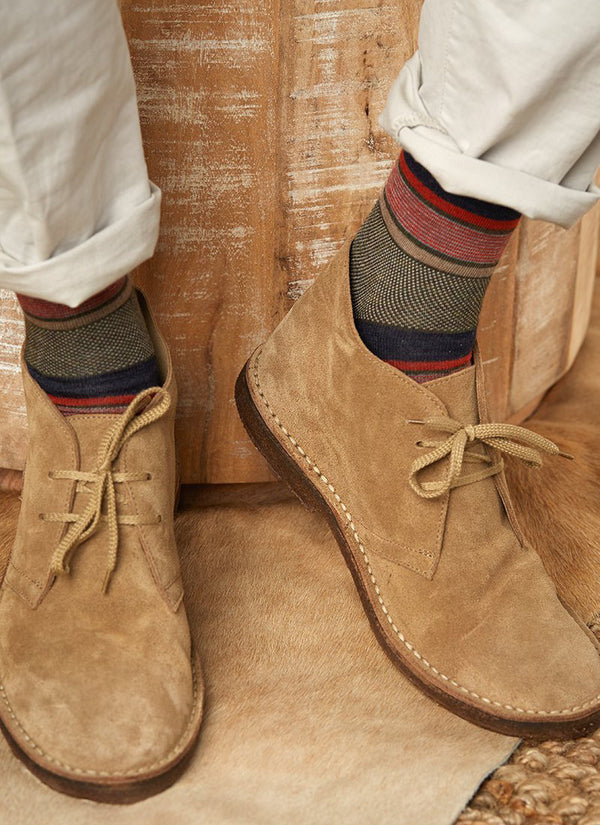 Big and Tall Merino Wool Oxford Mille Stripe Sock in Olive on shoes