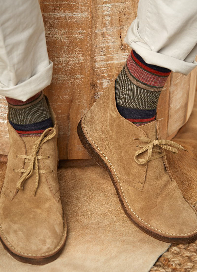 Big and Tall Merino Wool Oxford Mille Stripe Sock in Olive on shoes