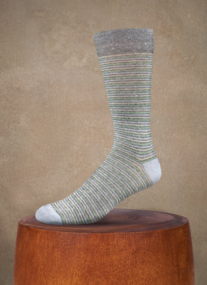 Supple Italian Linen Thin Multi Stripe Sock in Light Blue