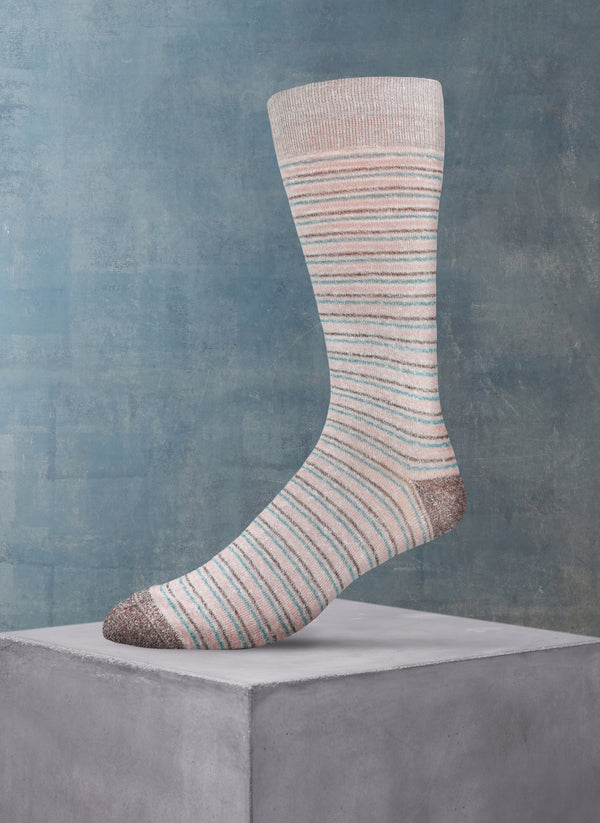 Supple Italian Linen Thin Multi Stripe Sock in Brown