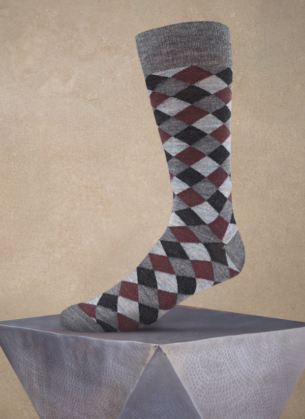 Merino Wool Diamond Sock in Charcoal and Burgundy