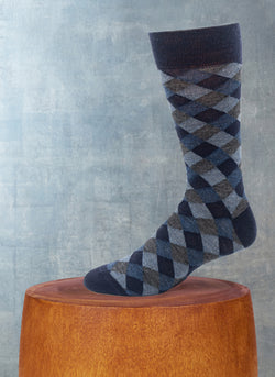 Merino Wool Diamond Sock in Navy