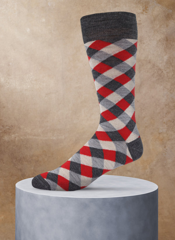 Merino Wool Diamond Sock in Red and Charcoal