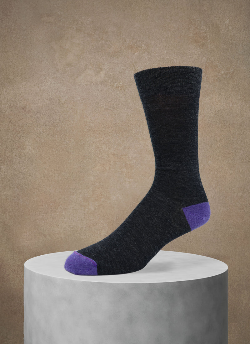 Merino Wool Flat Knit Sock in Charcoal and Purple