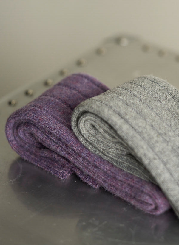 75% Cashmere Rib Sock in Heathered Purple and Light Grey