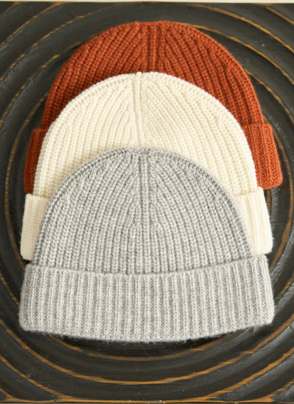 Grouping of 100% Cashmere Beanies in Rust, Ivory and Light grey
