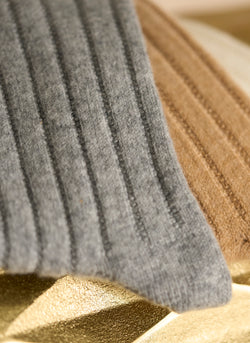 Women's Ribbed Short 75% Cashmere Sock in Camel and Light Grey
