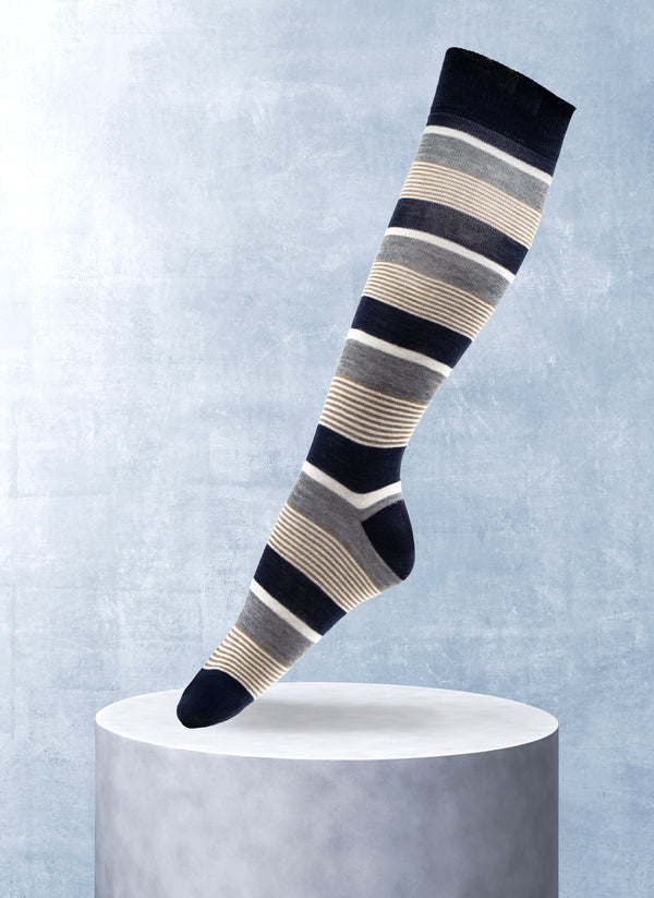 Women's Merino Wool Knee High Stripes Sock in Navy