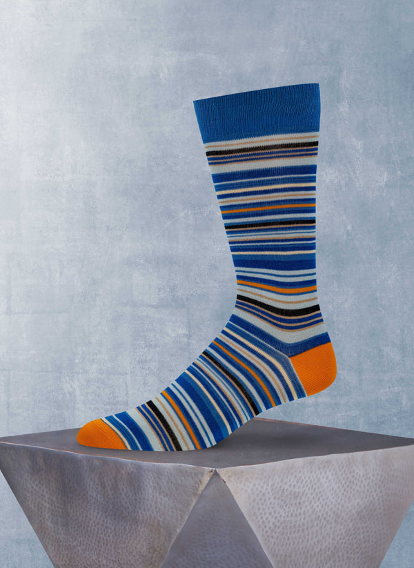 Big and Tall Thin Multi Stripe Sock in Blue and Orange