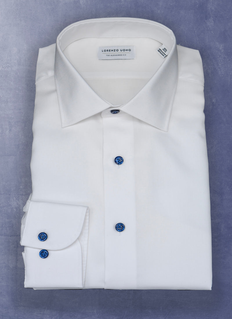 Alexander in White Nano Grid Textured Shirt with navy blue buttons