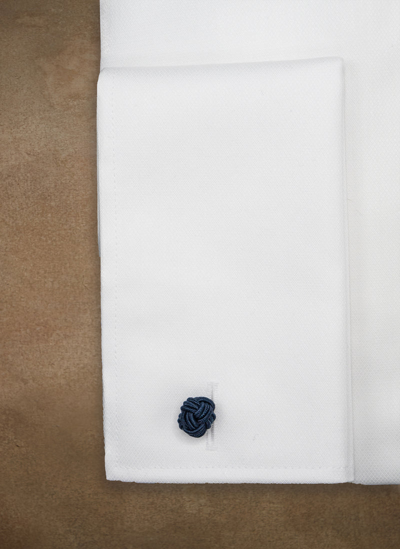 Alexander in White Nano Diamond French Cuff Shirt with Navy Silk Knots