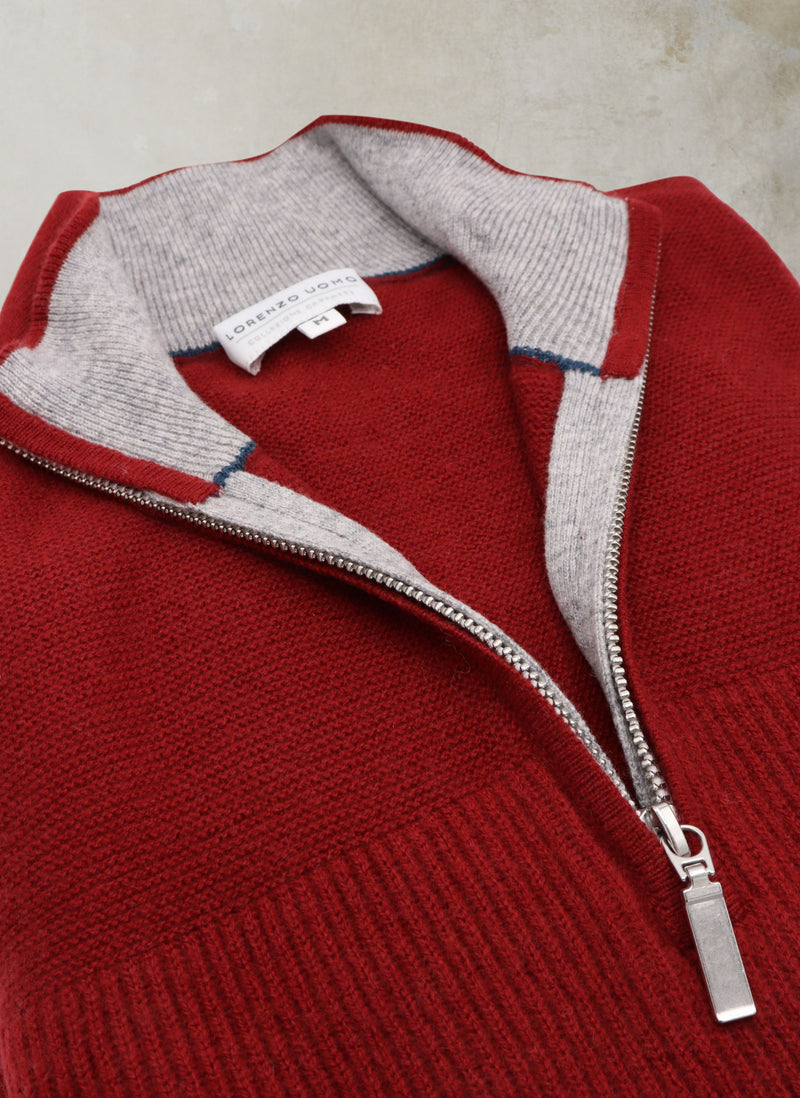 Collar Detail of Men's Botticino Double Knit Quarter Zip Cashmere Sweater in Cinna