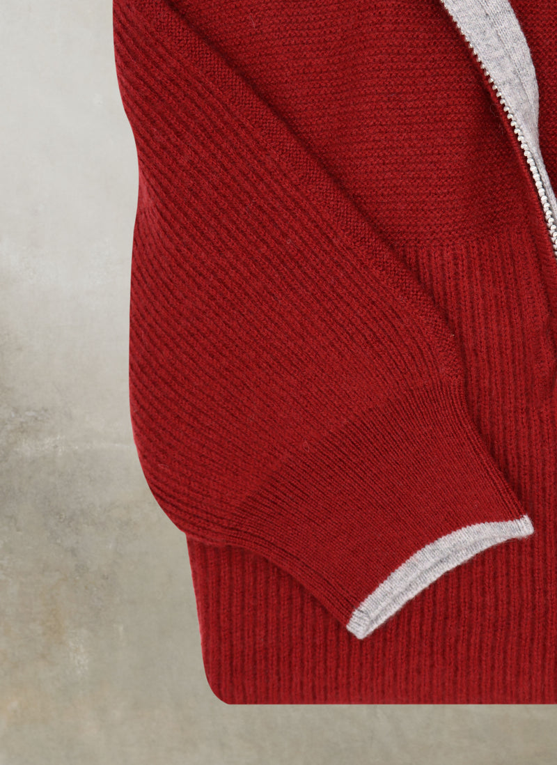 Cuff detail of Men's Botticino Double Knit Quarter Zip Cashmere Sweater in Cinna with contrasting