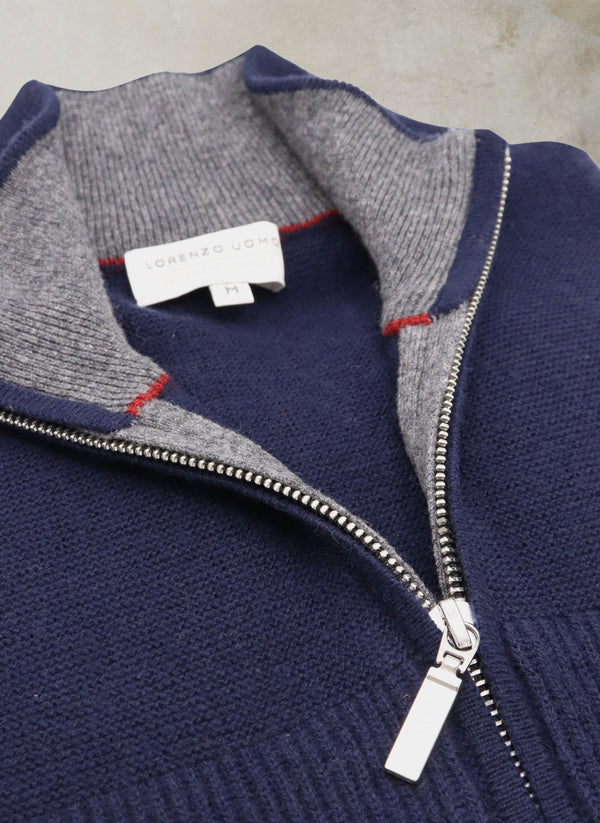 Collar Detail of Men's Botticino Double Knit Quarter Zip Cashmere Sweater in Navy