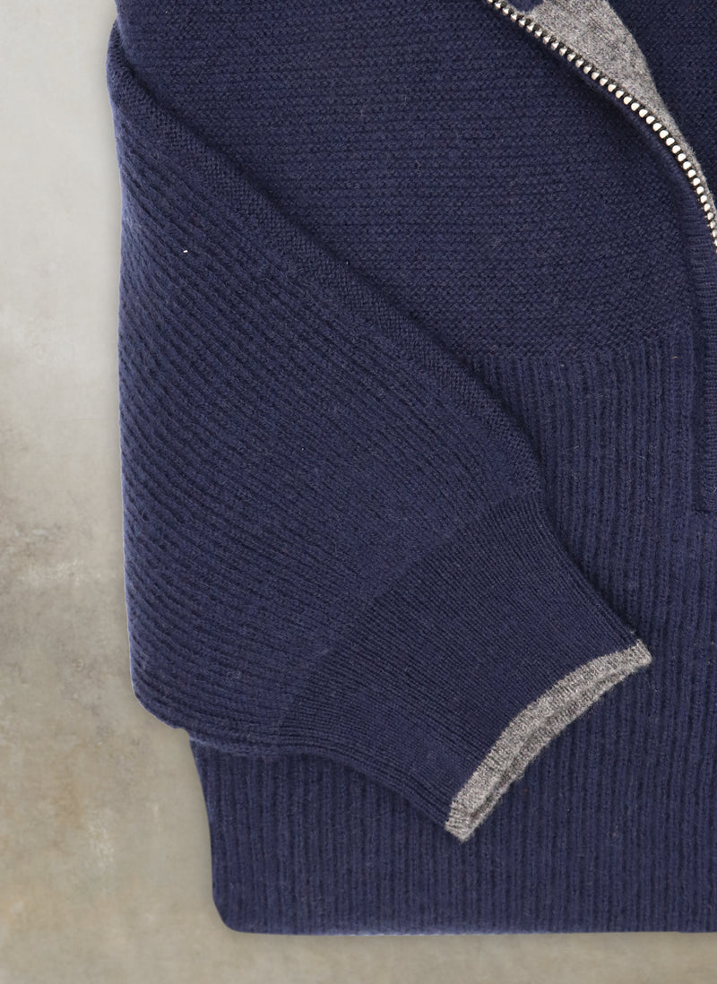 Cuff detail of Men's Botticino Double Knit Quarter Zip Cashmere Sweater in Navy with light grey contrasting