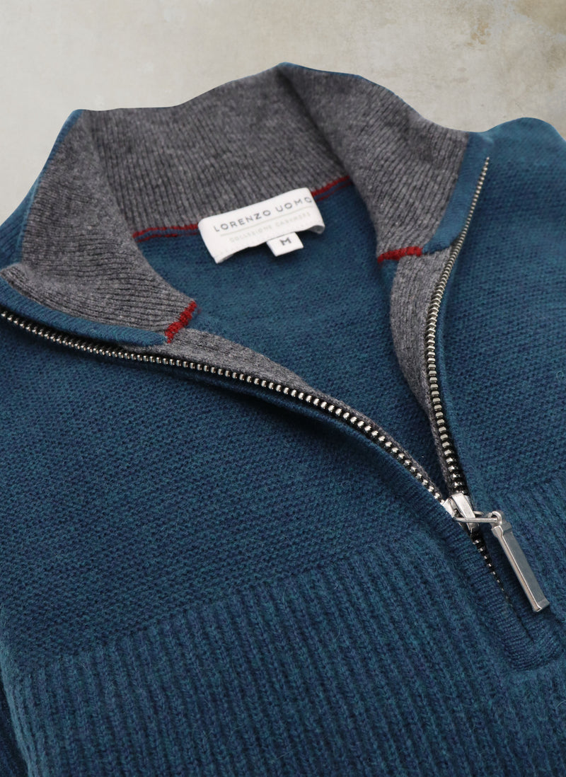 Collar Detail of Men's Botticino Double Knit Quarter Zip Cashmere Sweater in Teal