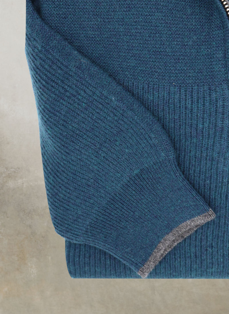 Cuff detail of Men's Botticino Double Knit Quarter Zip Cashmere Sweater in Teal with contrasting