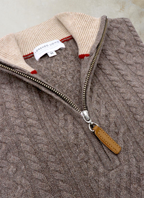 Collar detail of Men's Aalborg Cable Quarter Zip Cashmere Sweater in Light Brown Heather with leather pull