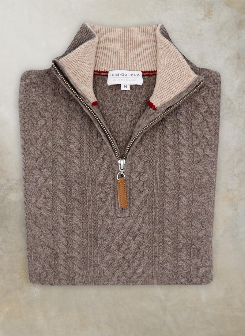 Men's Aalborg Cable Quarter Zip Cashmere Sweater in Light Brown Heather with leather pull