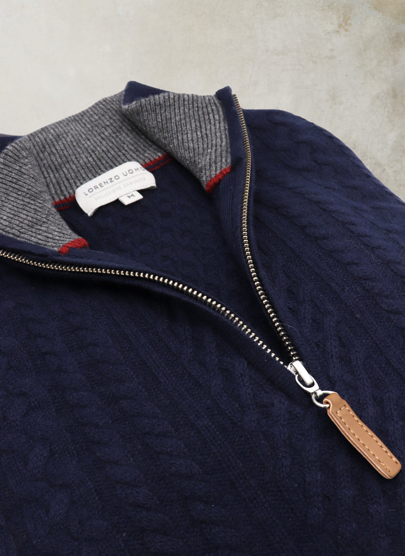 Collar detail of Men's Aalborg Cable Quarter Zip Cashmere Sweater in Navy with leather pull