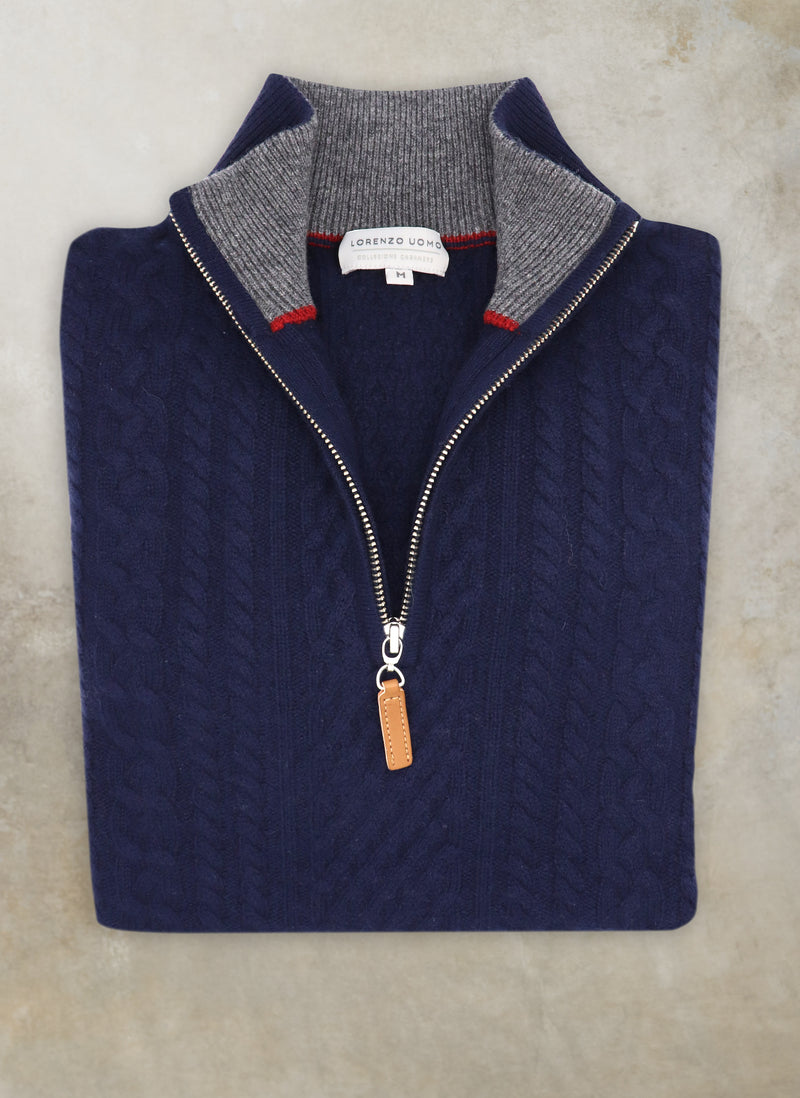 Men's Aalborg Cable Quarter Zip Cashmere Sweater in Navy with leather pull