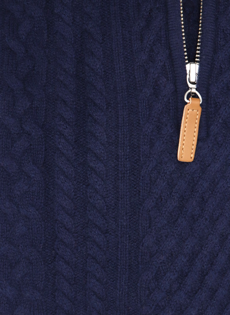 Detail of luxurious cable quarter zip cashmere sweater with leather pull