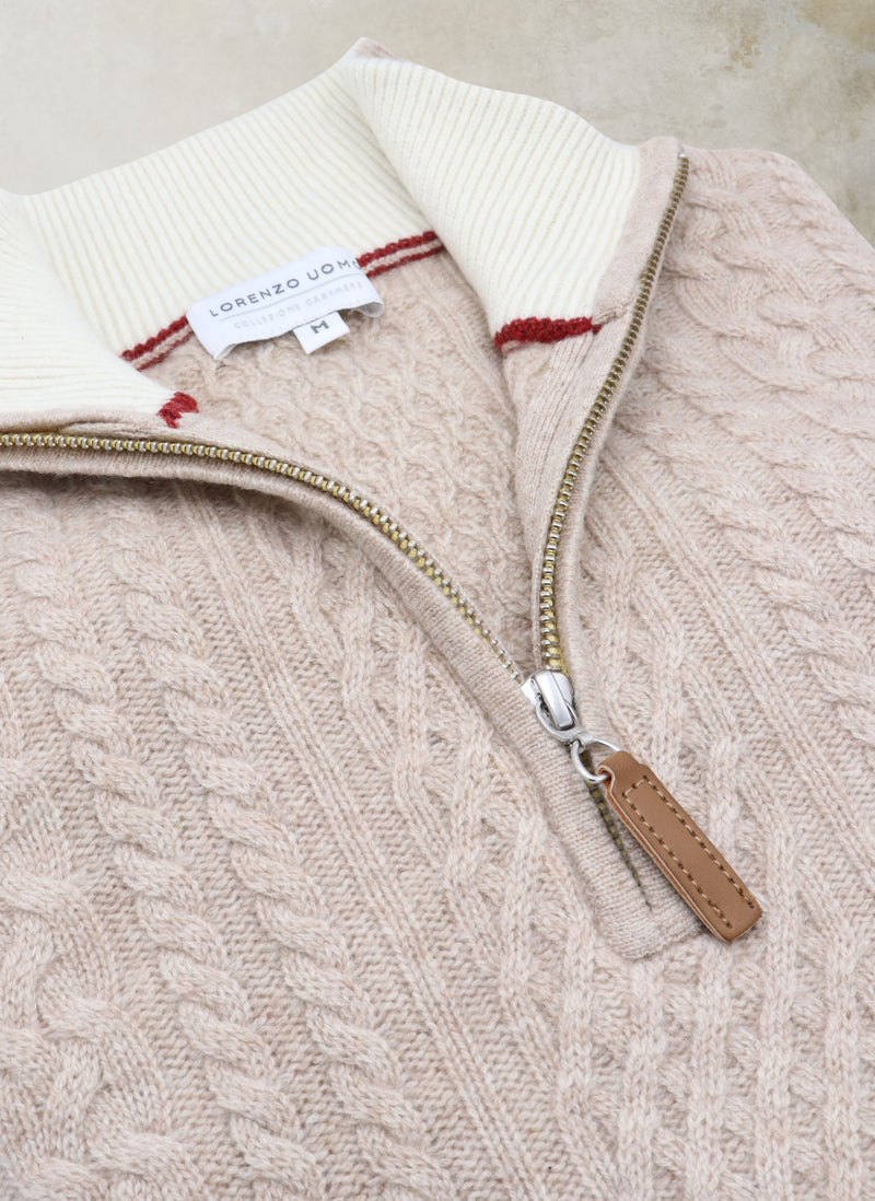 Collar detail of Men's Aalborg Cable Quarter Zip Cashmere Sweater in Light Taupe with leather pull