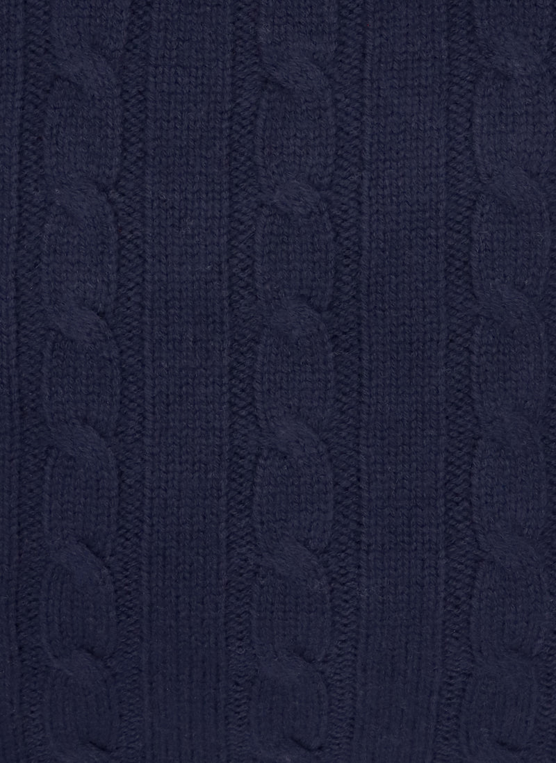 luxurious navy cable detail of cashmere mock-neck sweater