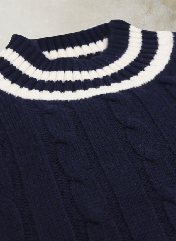 Collar detail of Men's Oslo Cashmere Mock-Neck Cable Sweater in Navy