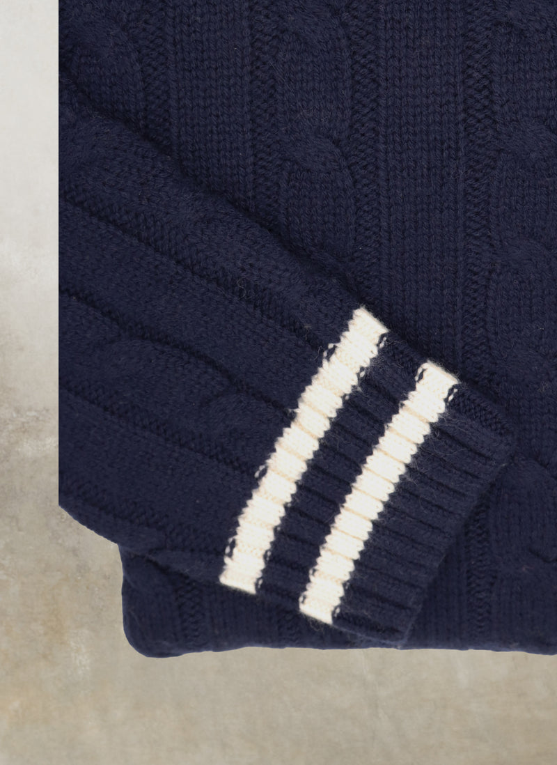 Cuff Detail of Men's Oslo Cashmere Mock-Neck Cable Sweater in Navy