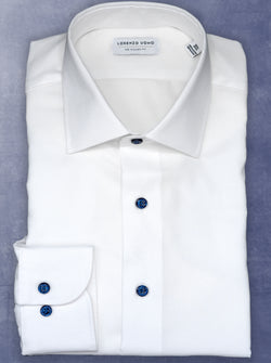 William in White Nano Grid Textured Shirt with Navy Buttons