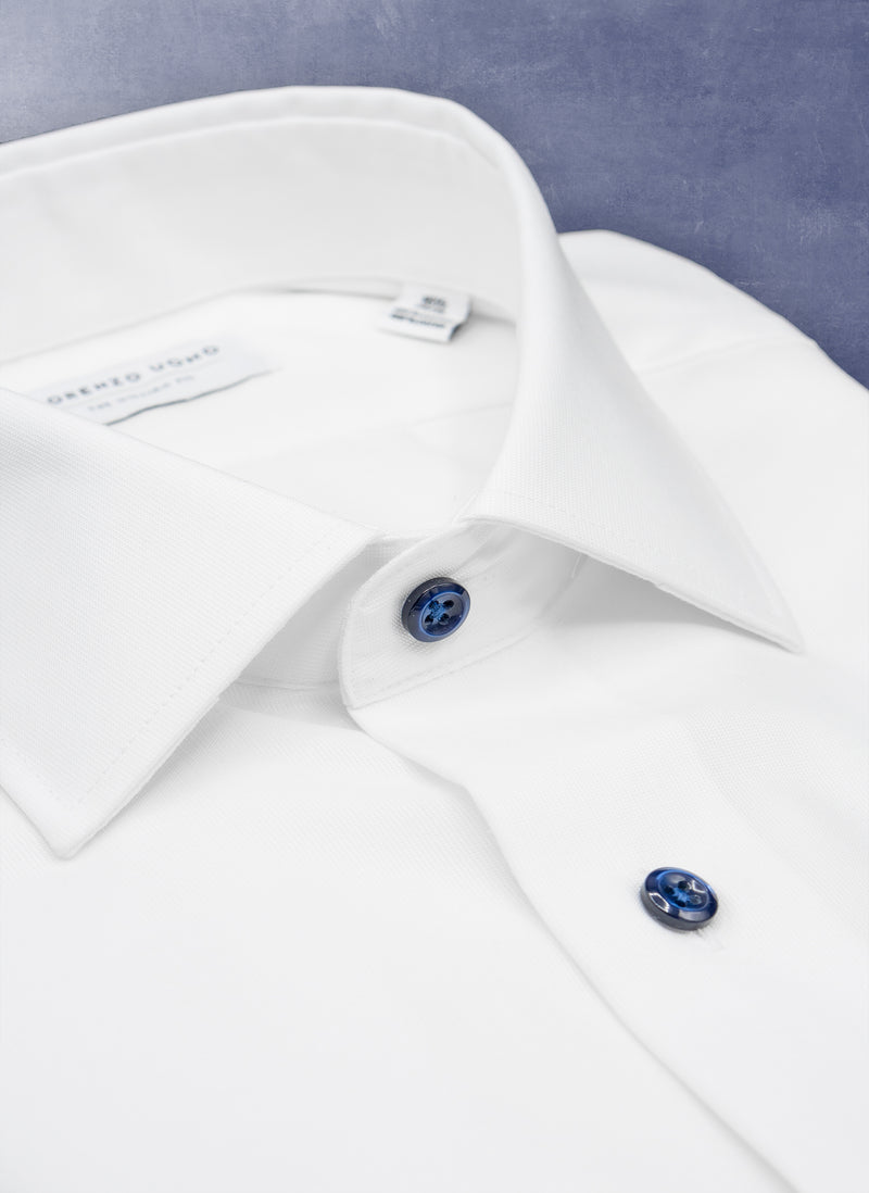 white solid nano shirt with navy buttons