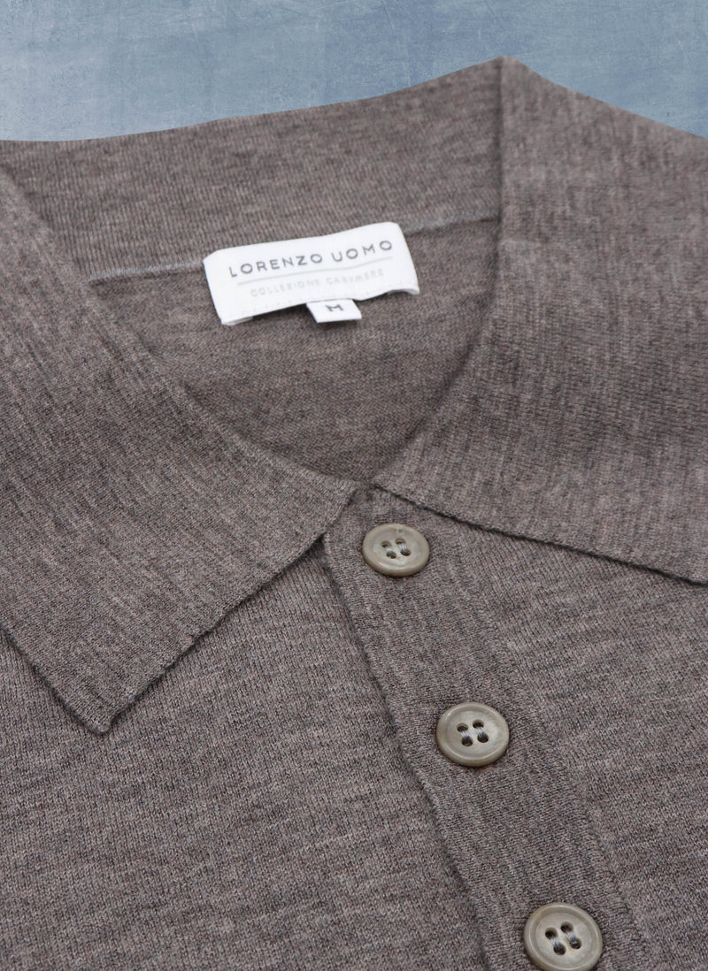 Collar detail of Men's Carrara Long Sleeve Cashmere Polo Shirt in Brown 