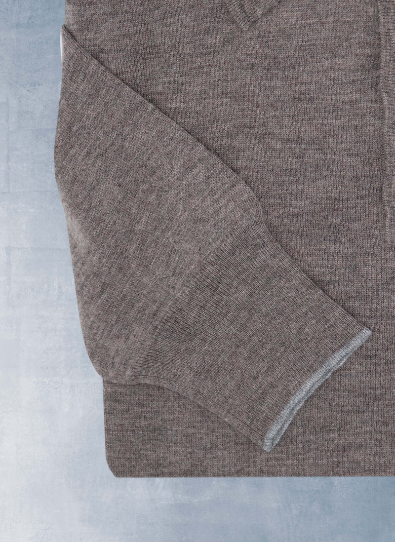 Cuff detail of Men's Carrara Long Sleeve Cashmere Polo Shirt in Brown with thin contrasting at tip of cuff