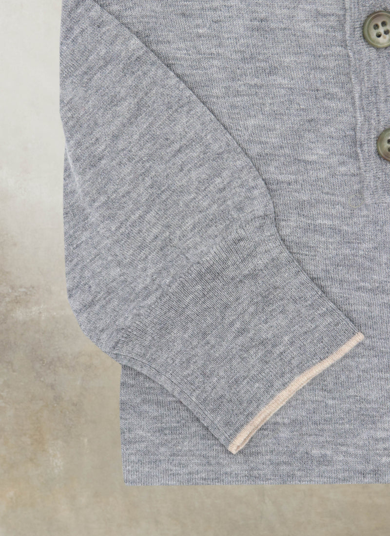 Cuff detail of Men's Carrara Long Sleeve Cashmere Polo Shirt in Light Grey with thin contrasting at end of cuff