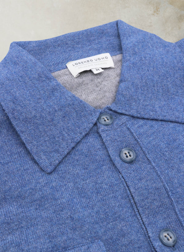 Collar detail of Men's Bergamo Cashmere Long Sleeve Shirt Sweater With Buttons in Navy