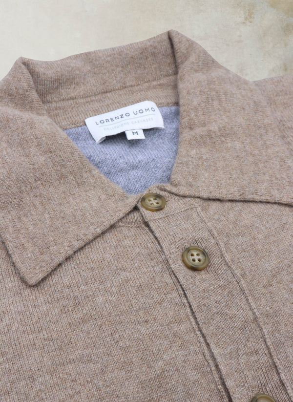 Collar detail of Men's Bergamo Cashmere Long Sleeve Shirt Sweater With Buttons in Light Taupe