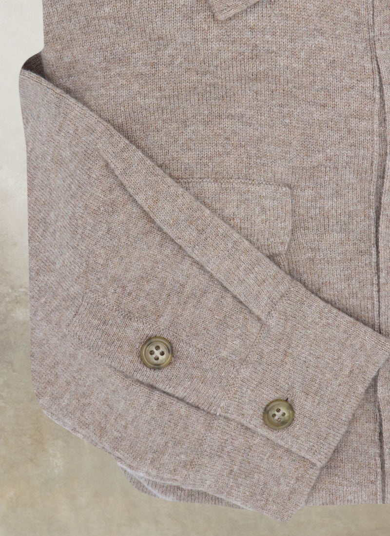 Cuff detail of Men's Bergamo Cashmere Long Sleeve Shirt Sweater With Buttons in Light Taupe