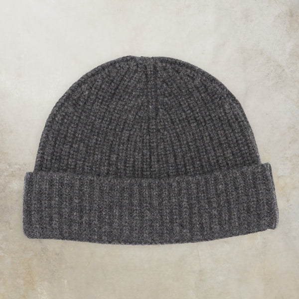Charcoal grey pure cashmere wide ribbed fisherman beanie hat