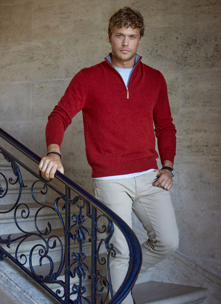 Men's Madison Quarter Zip Cashmere Sweater in Light Olive