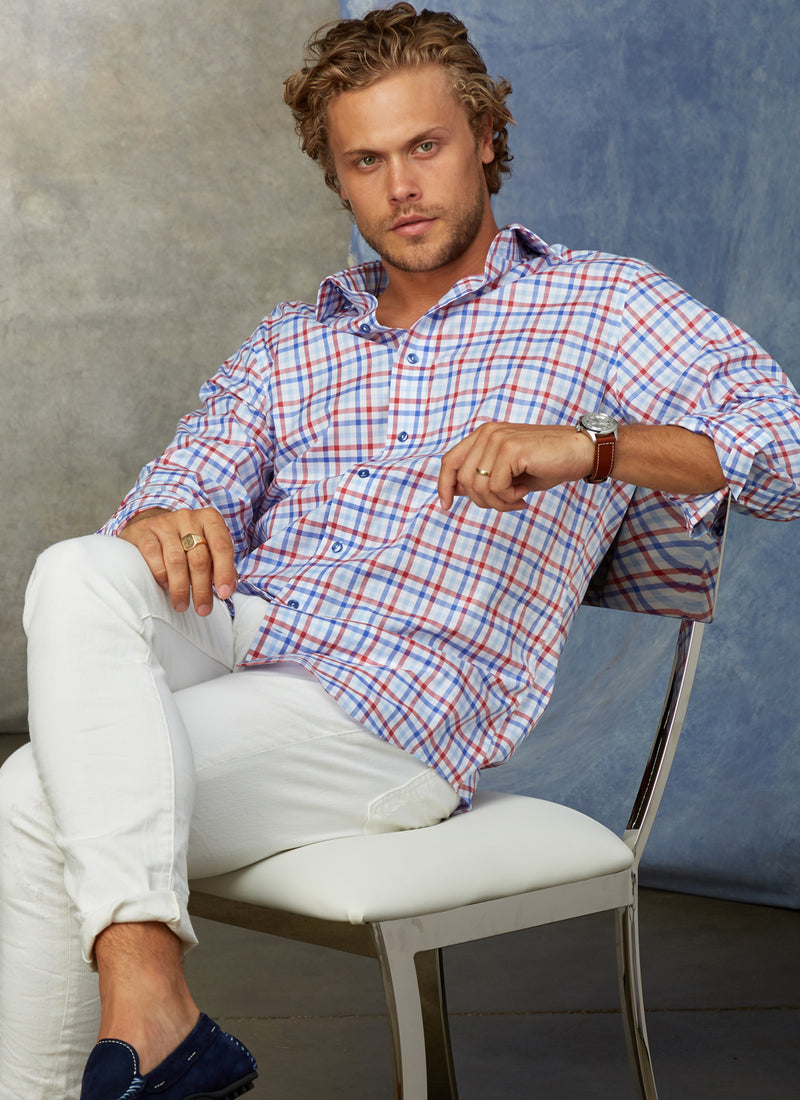 Louis Philippe Mens Cotton Slim Fit LS Button Up Red White Blue Plaid Shirt  40